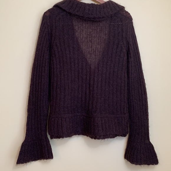 Trina Turk | Merlot Mohair Shawl Collar Bell Sleeve Ribbed Knit Cardigan L - Picture 17 of 17